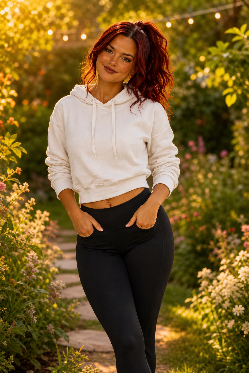 Summer Witch standing in a summer garden at golden hour